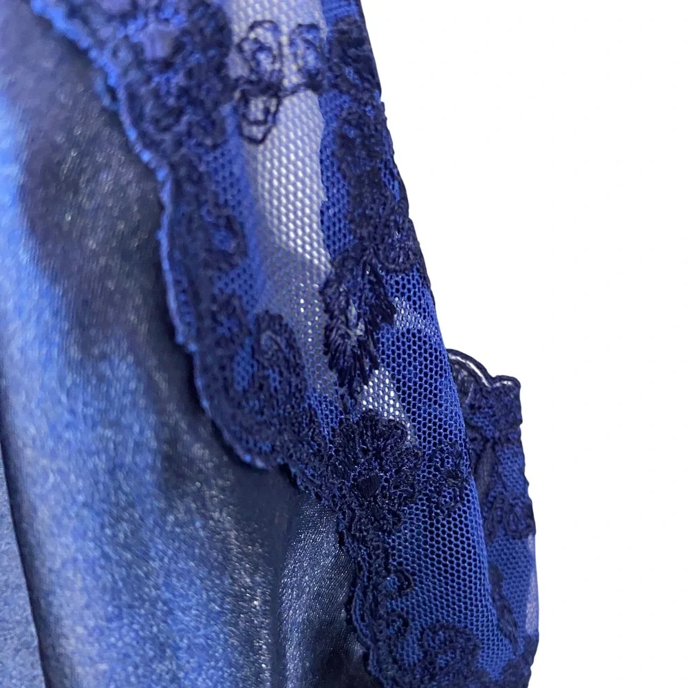 La Mouette Navy Blue Satin Lace Trim Chemise Slip‎ Dress Nightgown Medium